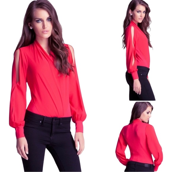 Bebe Cutout Sleeve Silk Wrap Bodysuit Teaberry XS - Picture 6 of 15